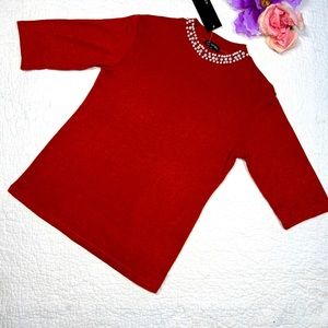 2020 Michel Fashion Women's Burnt Orange Bling Embellished Sweater Top; M